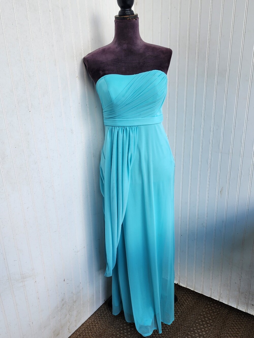 Davids Bridal Bridesmaid dress style Aqua Spa chiffon gown strapless SZ 4
